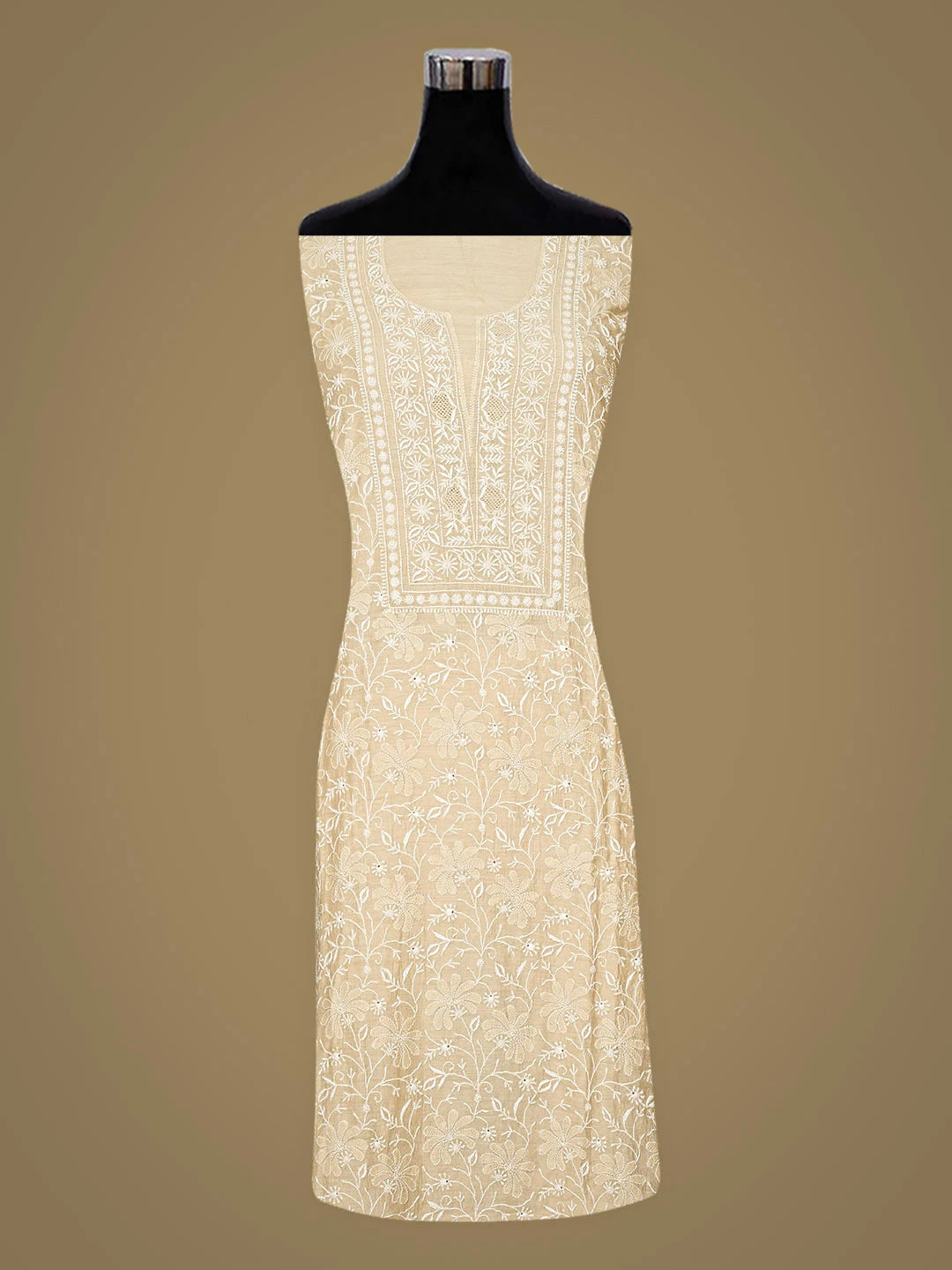 Ada Hand Embroidered Fawn Moonga Silk Lucknowi Chikankari Semi-Stitched Kurta Dupatta Set 01A920328