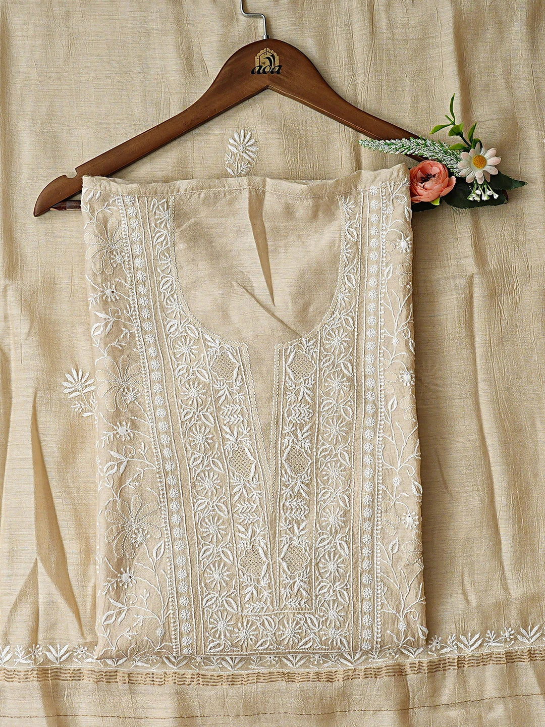 Ada Hand Embroidered Fawn Moonga Silk Lucknowi Chikankari Semi-Stitched Kurta Dupatta Set 01A920328