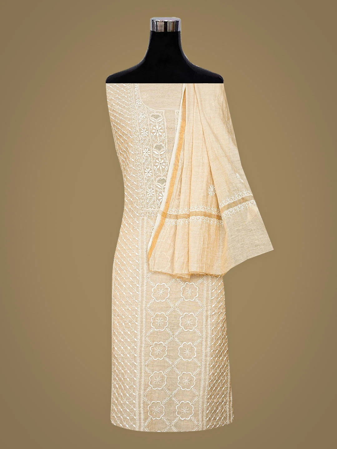Ada Hand Embroidered Fawn Tissue Lucknowi Chikankari Unstitched Kurta Dupatta Set 01A920423