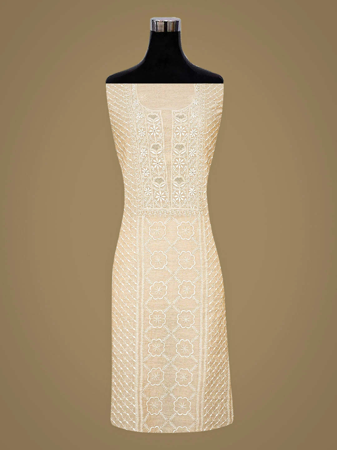 Ada Hand Embroidered Fawn Tissue Lucknowi Chikankari Unstitched Kurta Dupatta Set 01A920423
