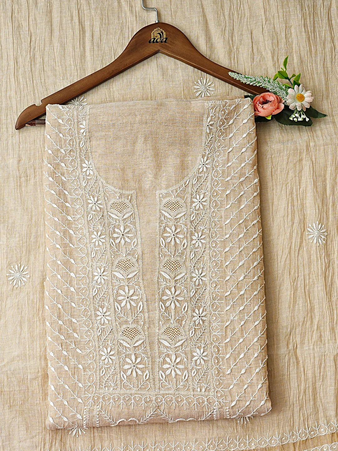 Ada Hand Embroidered Fawn Tissue Lucknowi Chikankari Unstitched Kurta Dupatta Set 01A920423