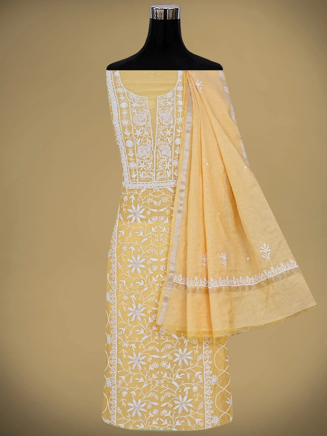 Ada Hand Embroidered Fawn Chanderi Lucknowi Chikankari Unstitched Kurta Dupatta Set With Pearl Work 01A811839
