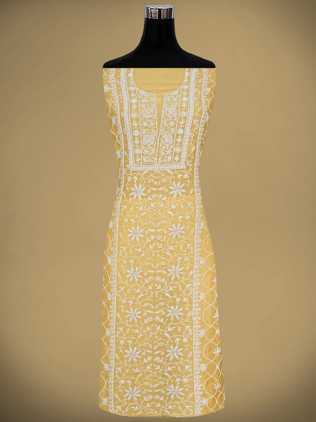 Ada Hand Embroidered Fawn Chanderi Lucknowi Chikankari Unstitched Kurta Dupatta Set With Pearl Work 01A811839