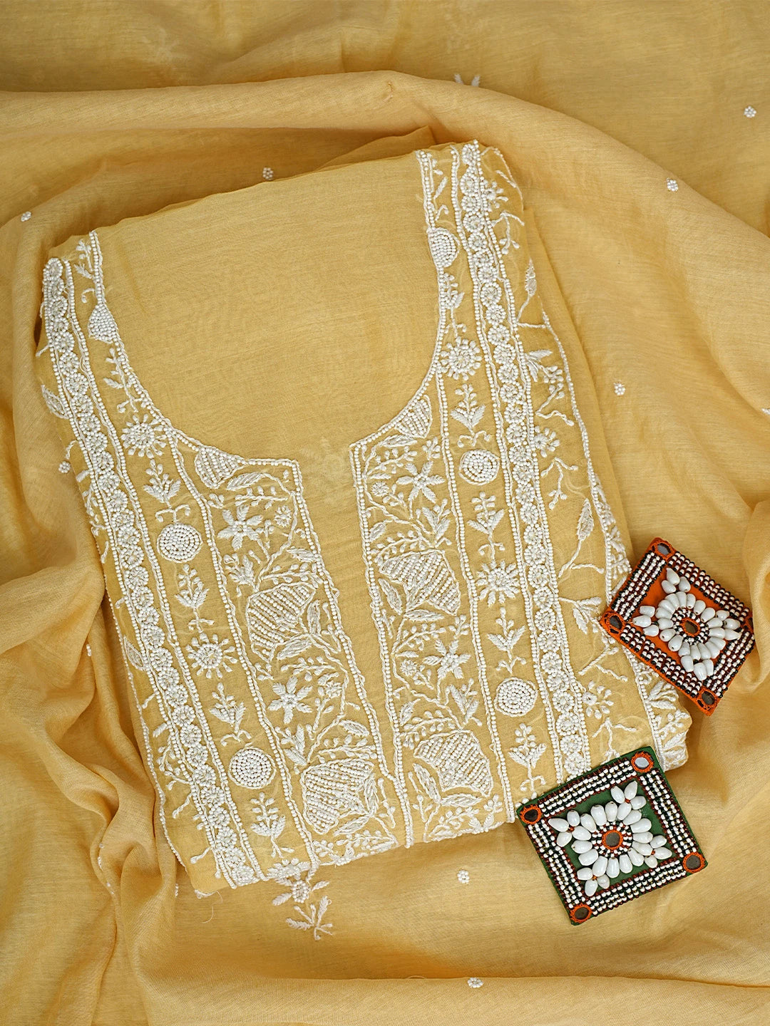 Ada Hand Embroidered Fawn Chanderi Lucknowi Chikankari Unstitched Kurta Dupatta Set With Pearl Work 01A811839