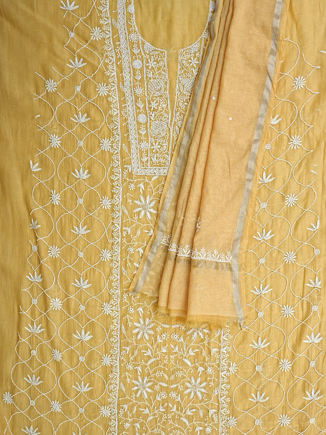 Ada Hand Embroidered Fawn Chanderi Lucknowi Chikankari Unstitched Kurta Dupatta Set With Pearl Work 01A811839