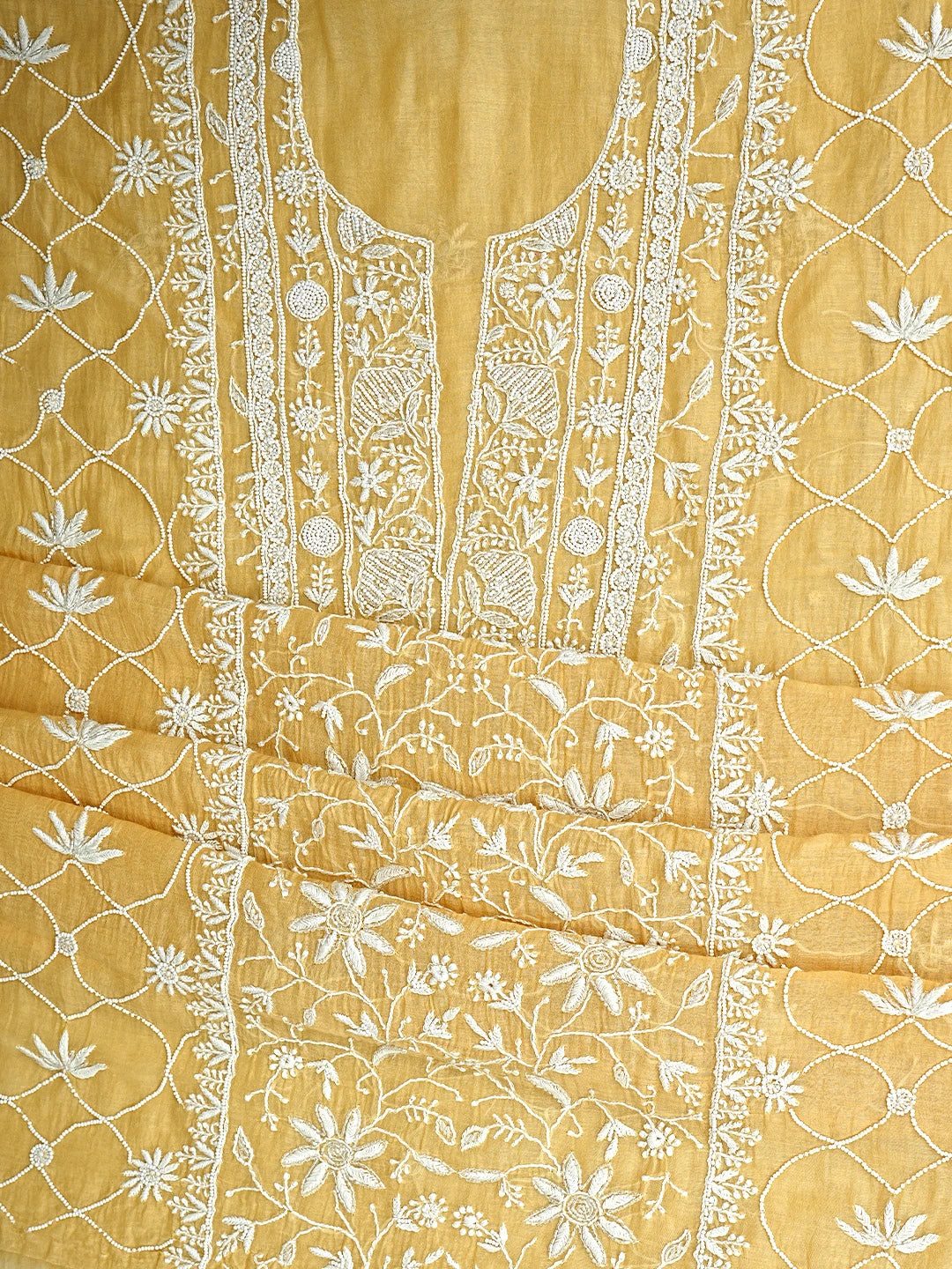 Ada Hand Embroidered Fawn Chanderi Lucknowi Chikankari Unstitched Kurta Dupatta Set With Pearl Work 01A811839