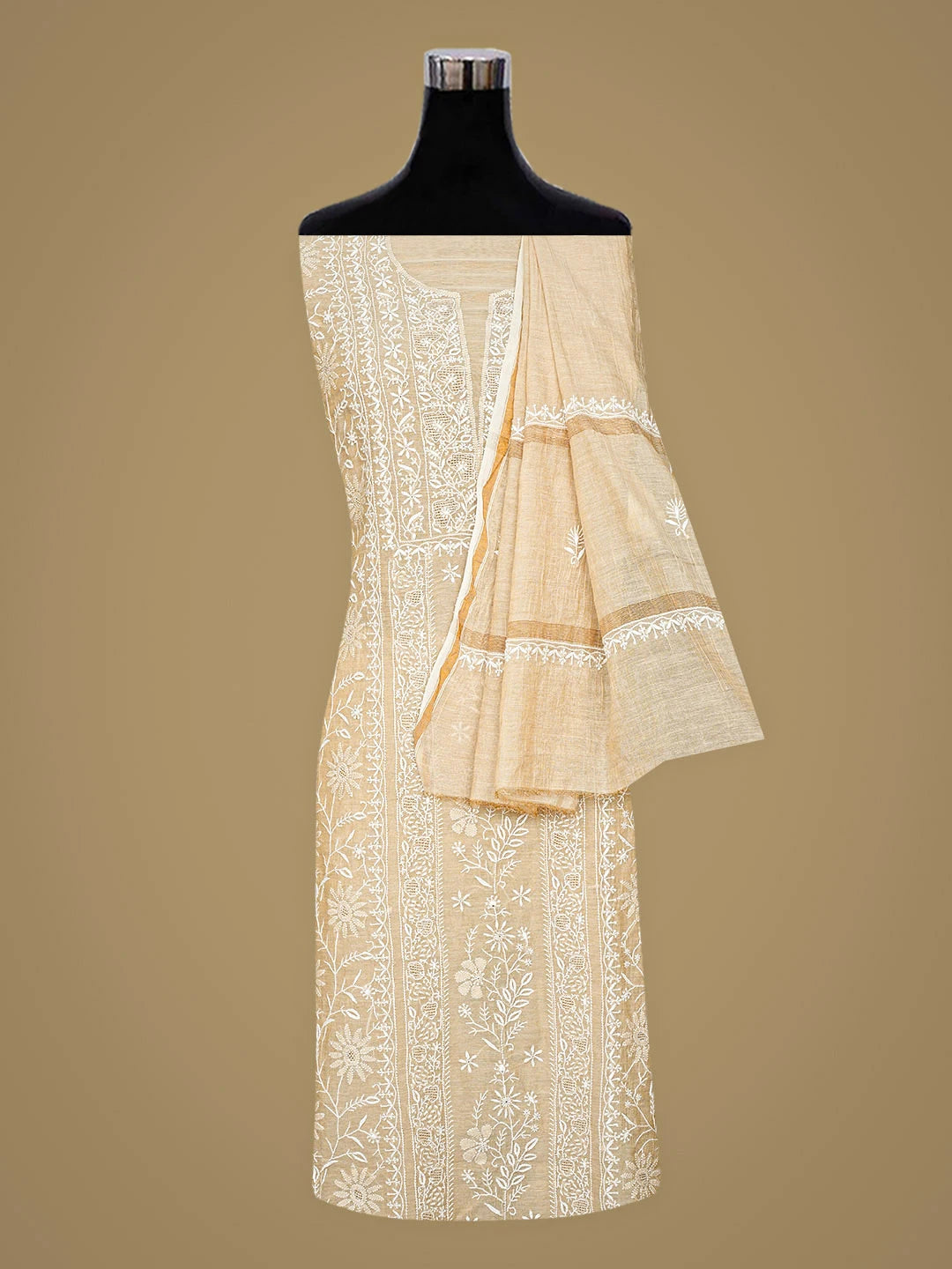 Ada Hand Embroidered Fawn Tissue Lucknowi Chikankari Unstitched Kurta Dupatta Set 01A920425