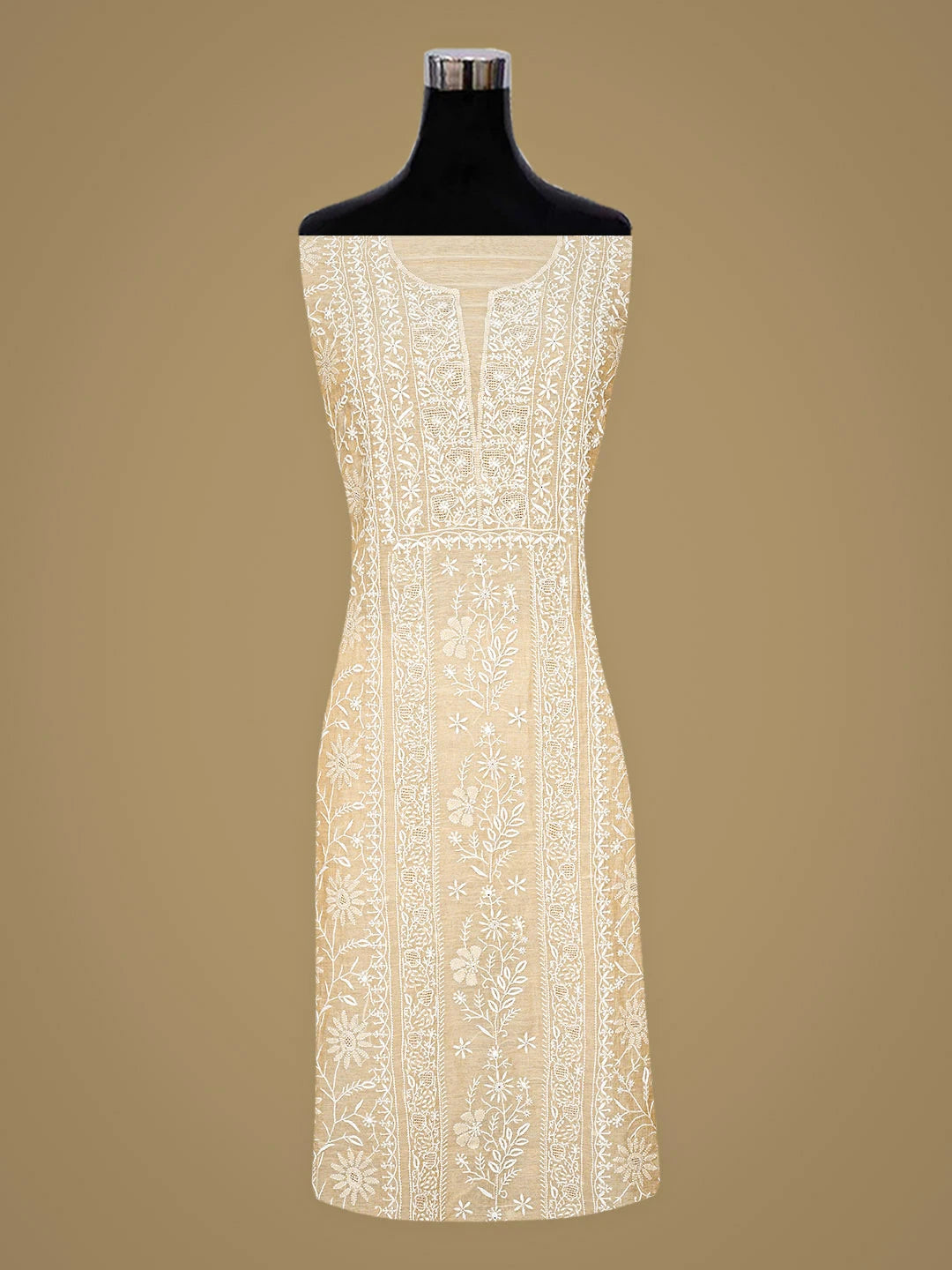 Ada Hand Embroidered Fawn Tissue Lucknowi Chikankari Unstitched Kurta Dupatta Set 01A920425