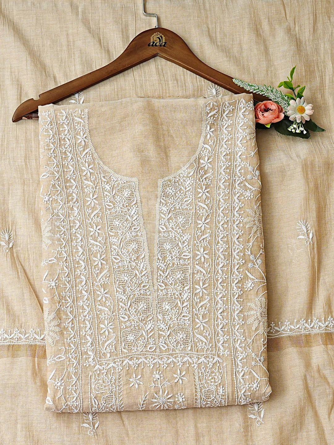 Ada Hand Embroidered Fawn Tissue Lucknowi Chikankari Unstitched Kurta Dupatta Set 01A920425