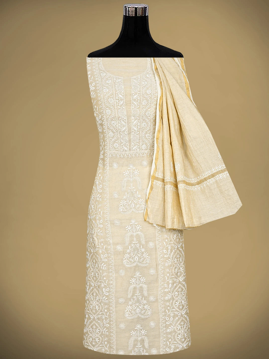 Ada Hand Embroidered Fawn Tissue Lucknowi Chikankari Unstitched Kurta Dupatta Set 01A920427