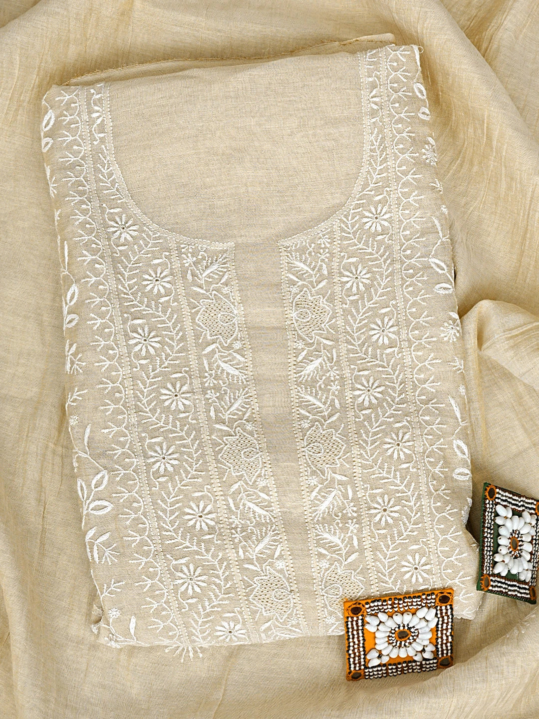Ada Hand Embroidered Fawn Tissue Lucknowi Chikankari Unstitched Kurta Dupatta Set 01A920427