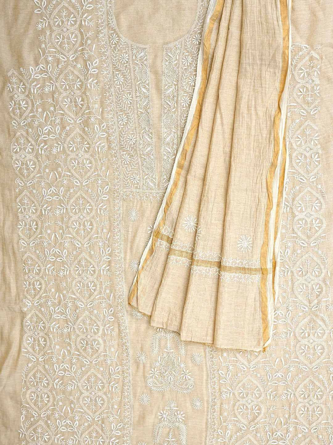 Ada Hand Embroidered Fawn Tissue Lucknowi Chikankari Unstitched Kurta Dupatta Set 01A920427