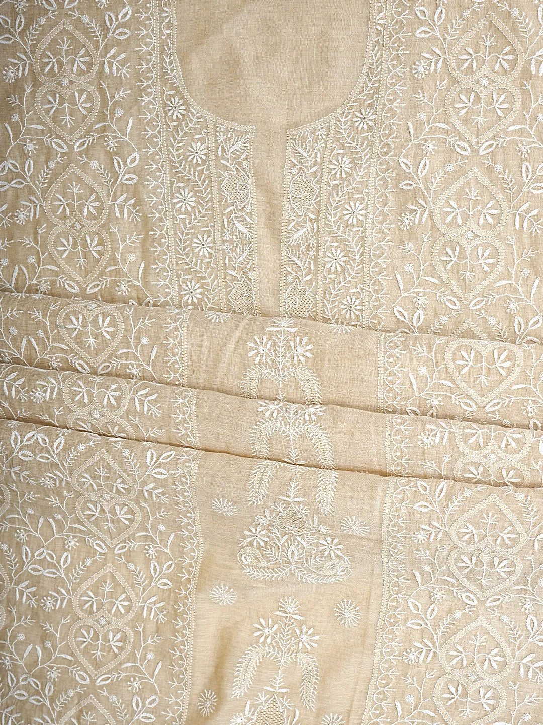 Ada Hand Embroidered Fawn Tissue Lucknowi Chikankari Unstitched Kurta Dupatta Set 01A920427