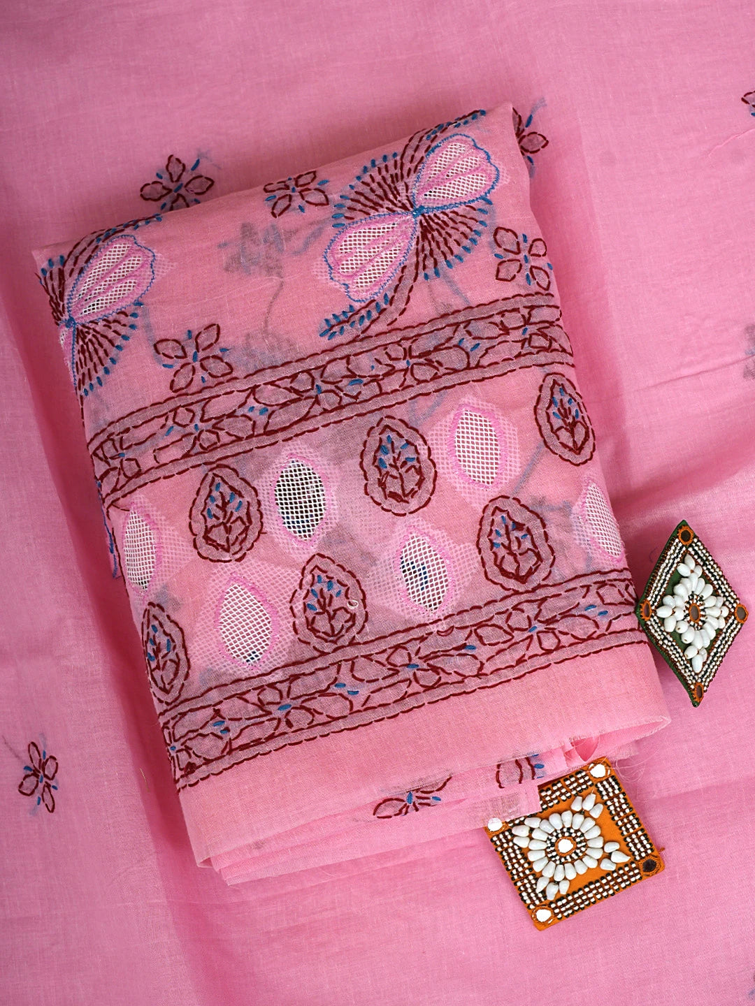 Ada Hand Embroidered Pink Cotton Lucknowi Chikankari Unstitched Suit Piece 01A916013
