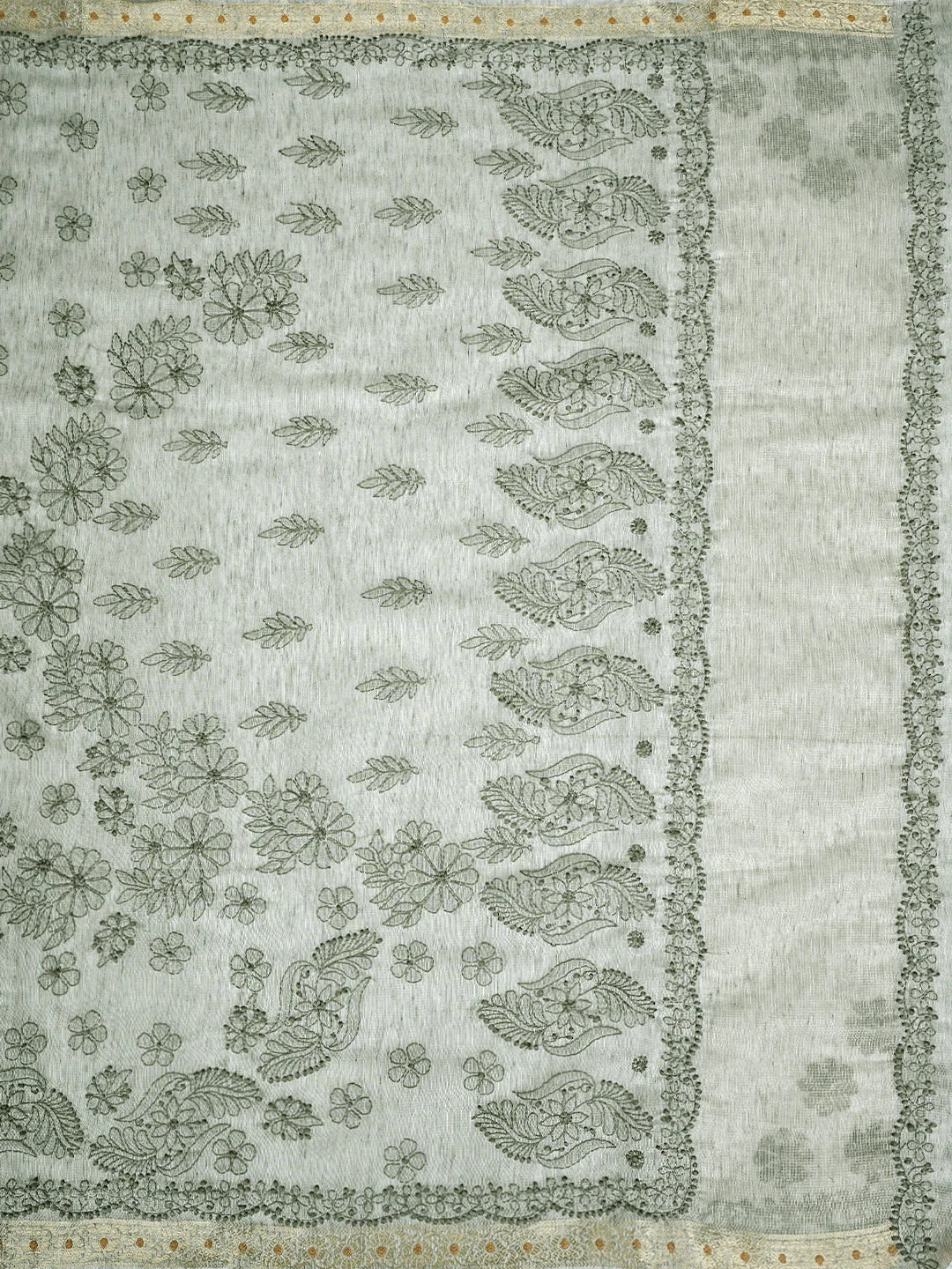Ada Hand Embroidered Silver Grey Tissue Lucknowi Chikankari Saree With Blouse 01A918133