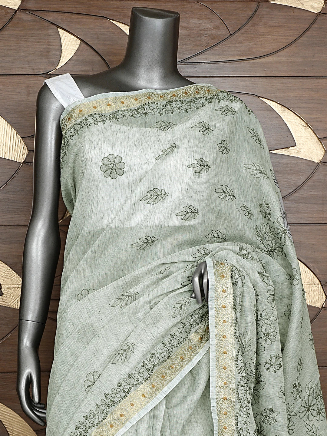 Ada Hand Embroidered Silver Grey Tissue Lucknowi Chikankari Saree With Blouse 01A918133