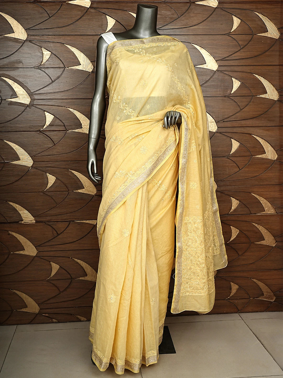 Ada Hand Embroidered Yellow Chanderi Lucknowi Chikankari Saree and Blouse 01A919747