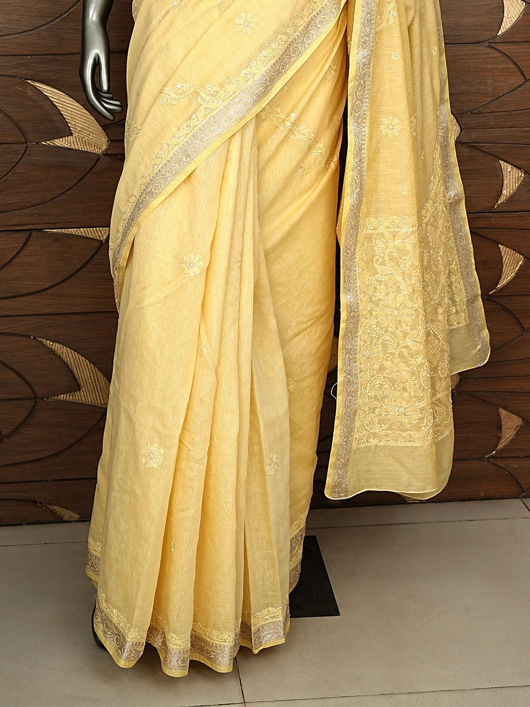 Ada Hand Embroidered Yellow Chanderi Lucknowi Chikankari Saree and Blouse 01A919747