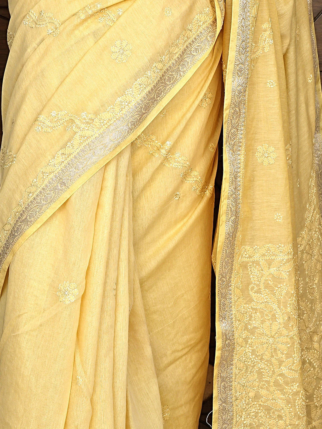 Ada Hand Embroidered Yellow Chanderi Lucknowi Chikankari Saree and Blouse 01A919747