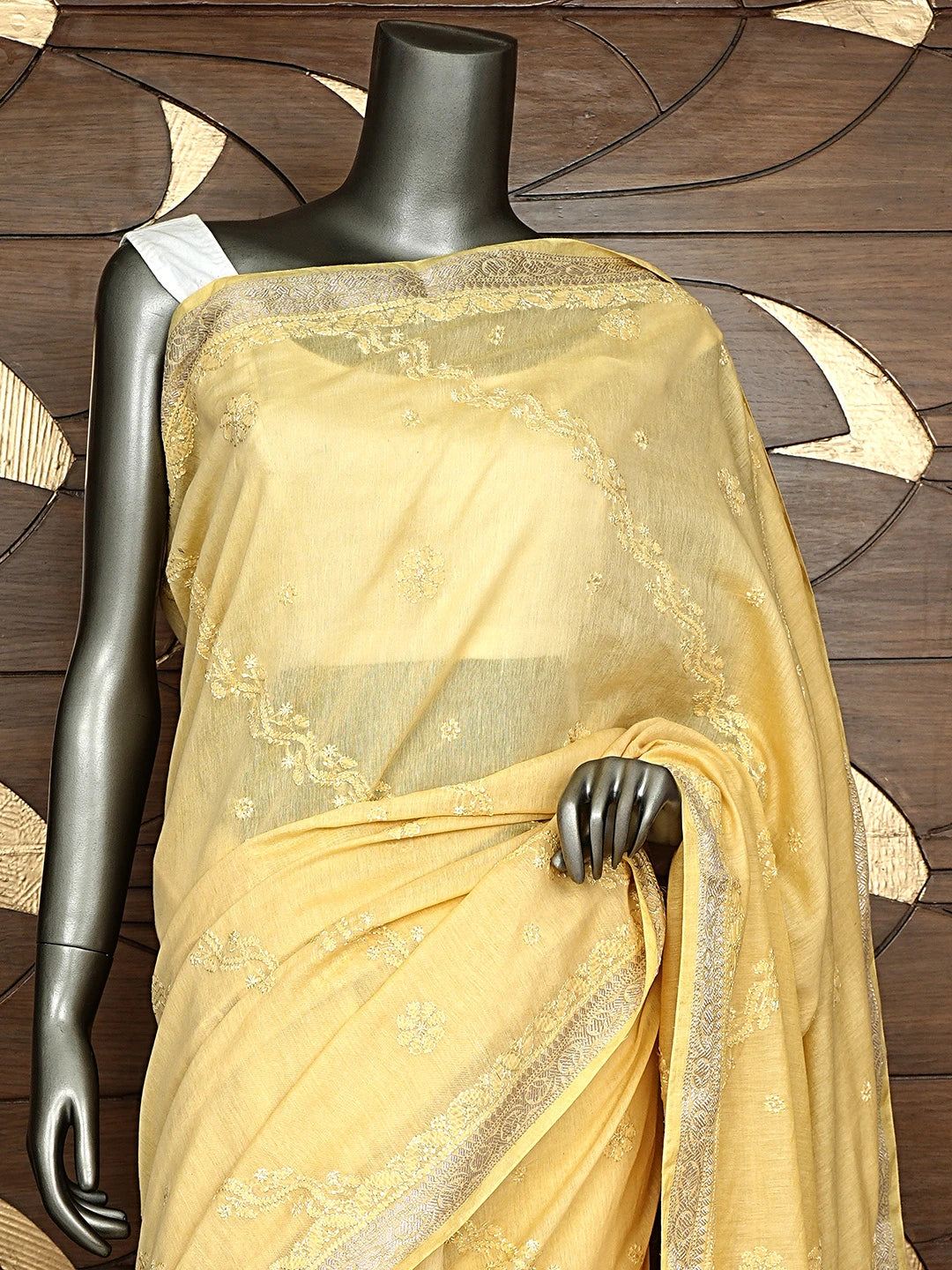 Ada Hand Embroidered Yellow Chanderi Lucknowi Chikankari Saree and Blouse 01A919747
