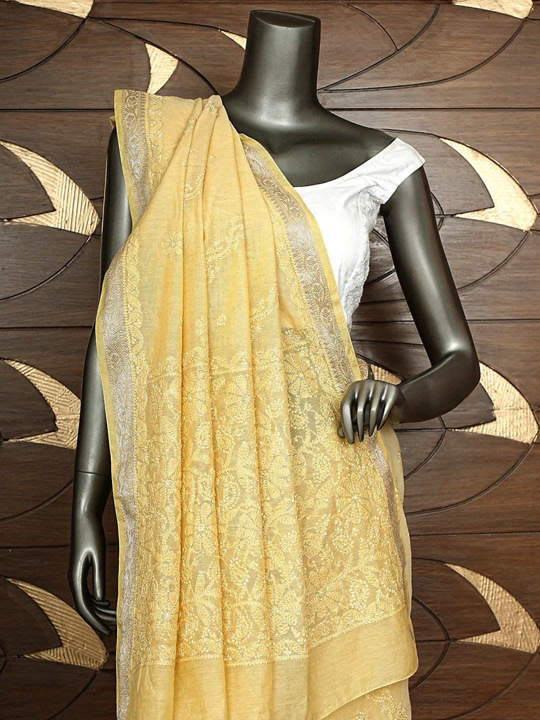Ada Hand Embroidered Yellow Chanderi Lucknowi Chikankari Saree and Blouse 01A919747
