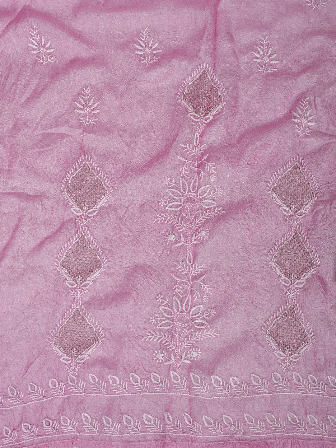 Ada Hand Embroidered Pink Mist Silk Lucknowi Chikankari Semi-Stitched Anarkali Kurta Dupatta Set With Zari Work 01A891011