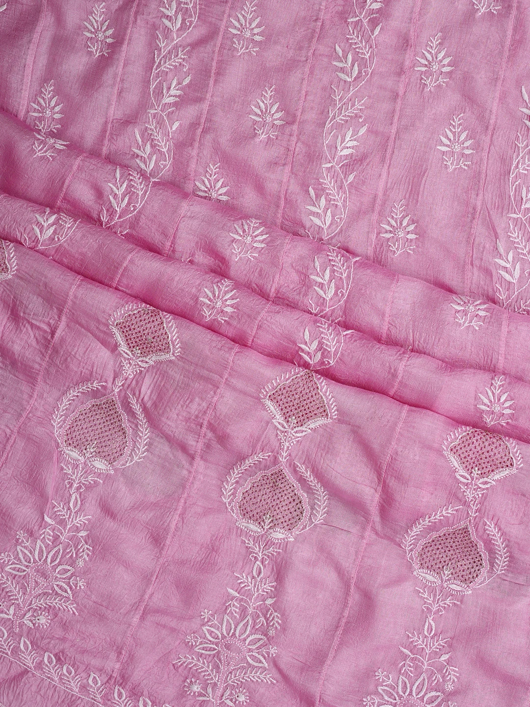 Ada Hand Embroidered Pink Mist Silk Lucknowi Chikankari Semi-Stitched Anarkali Kurta Dupatta Set With Zari Work 01A891011