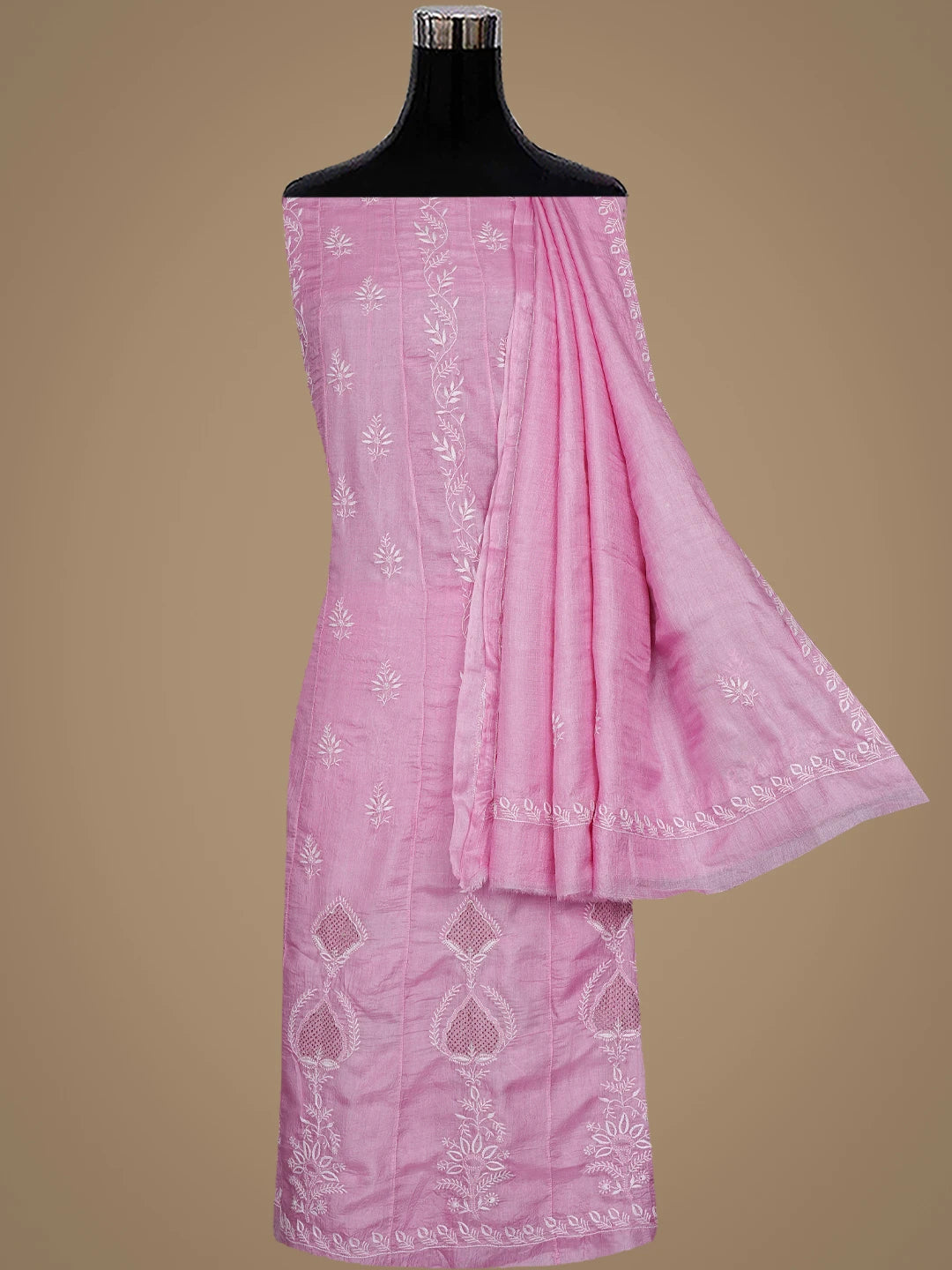 Ada Hand Embroidered Pink Mist Silk Lucknowi Chikankari Semi-Stitched Anarkali Kurta Dupatta Set With Zari Work 01A891011