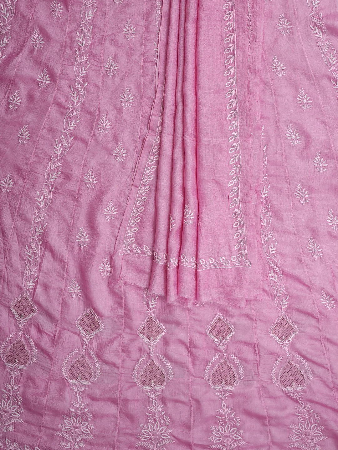 Ada Hand Embroidered Pink Mist Silk Lucknowi Chikankari Semi-Stitched Anarkali Kurta Dupatta Set With Zari Work 01A891011