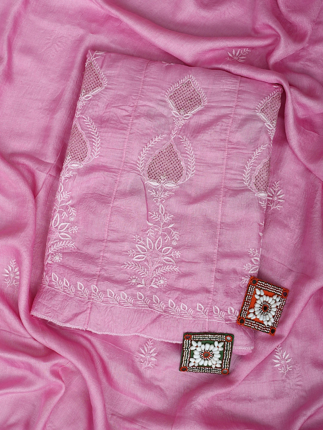 Ada Hand Embroidered Pink Mist Silk Lucknowi Chikankari Semi-Stitched Anarkali Kurta Dupatta Set With Zari Work 01A891011