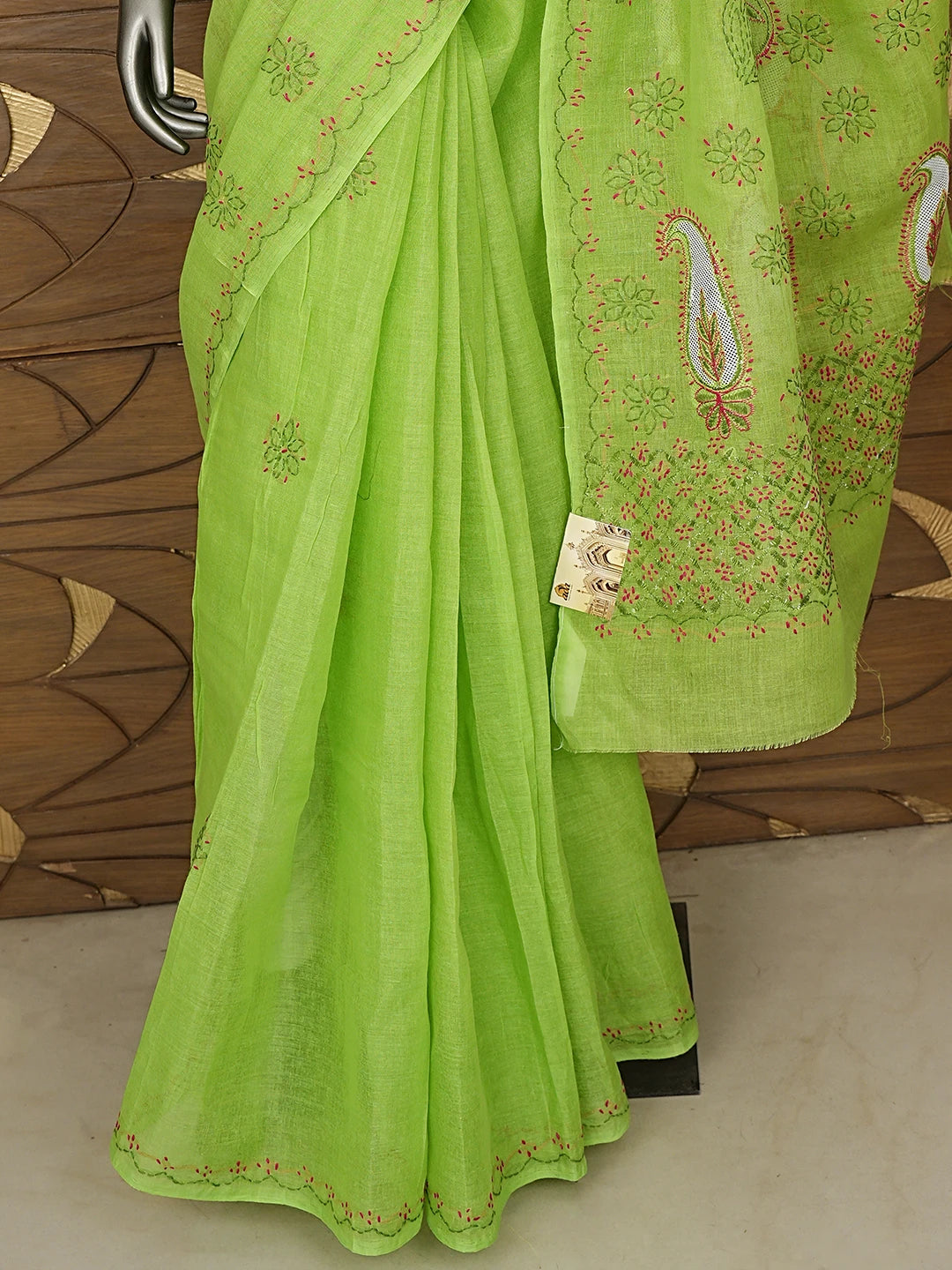 Ada Hand Embroidered Green Cotton Lucknowi Chikankari Saree and Blouse 01A891787