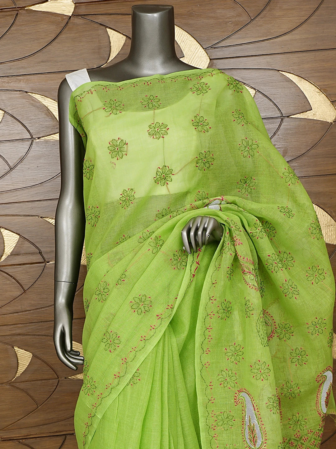 Ada Hand Embroidered Green Cotton Lucknowi Chikankari Saree and Blouse 01A891787