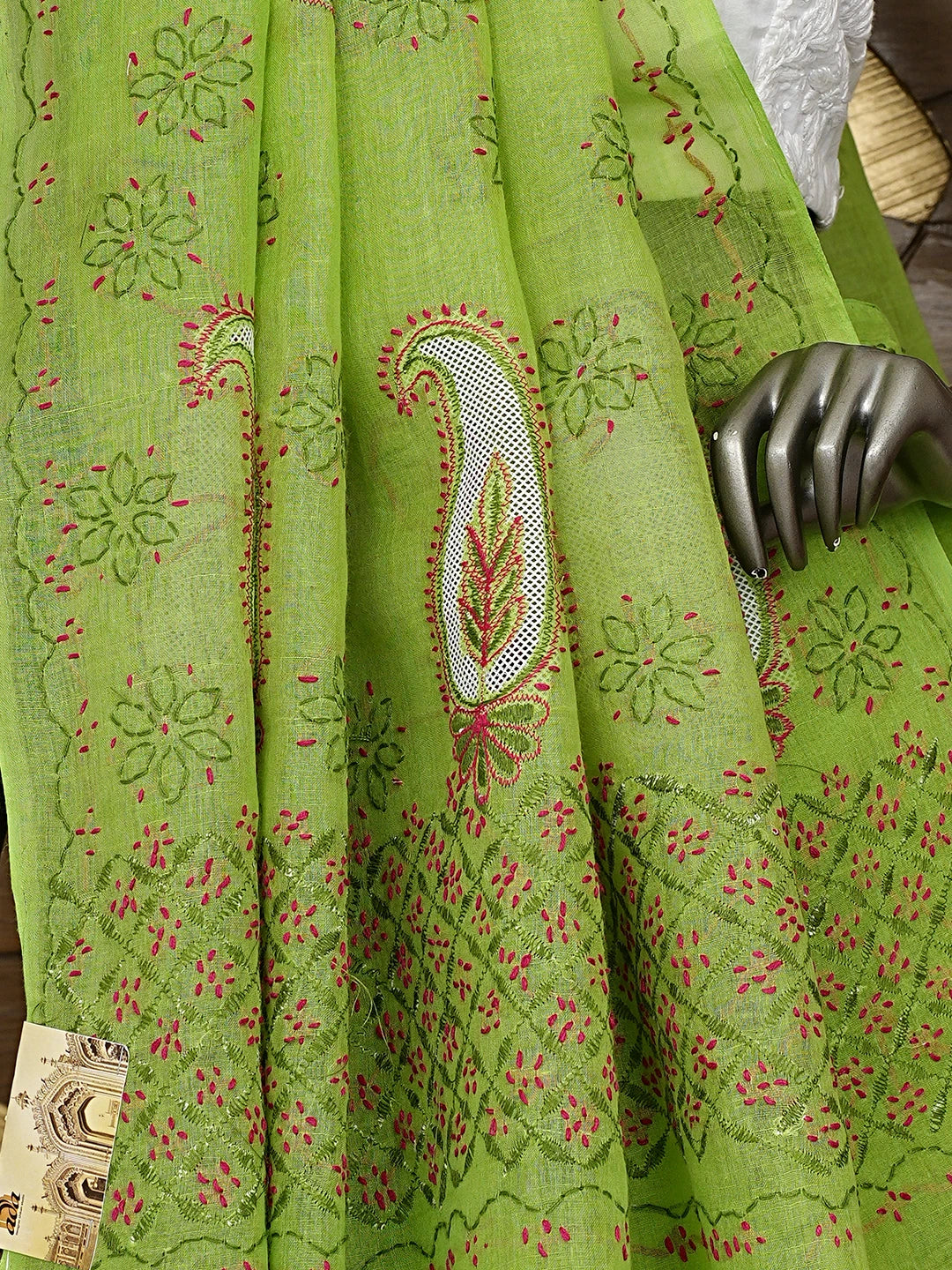 Ada Hand Embroidered Green Cotton Lucknowi Chikankari Saree and Blouse 01A891787