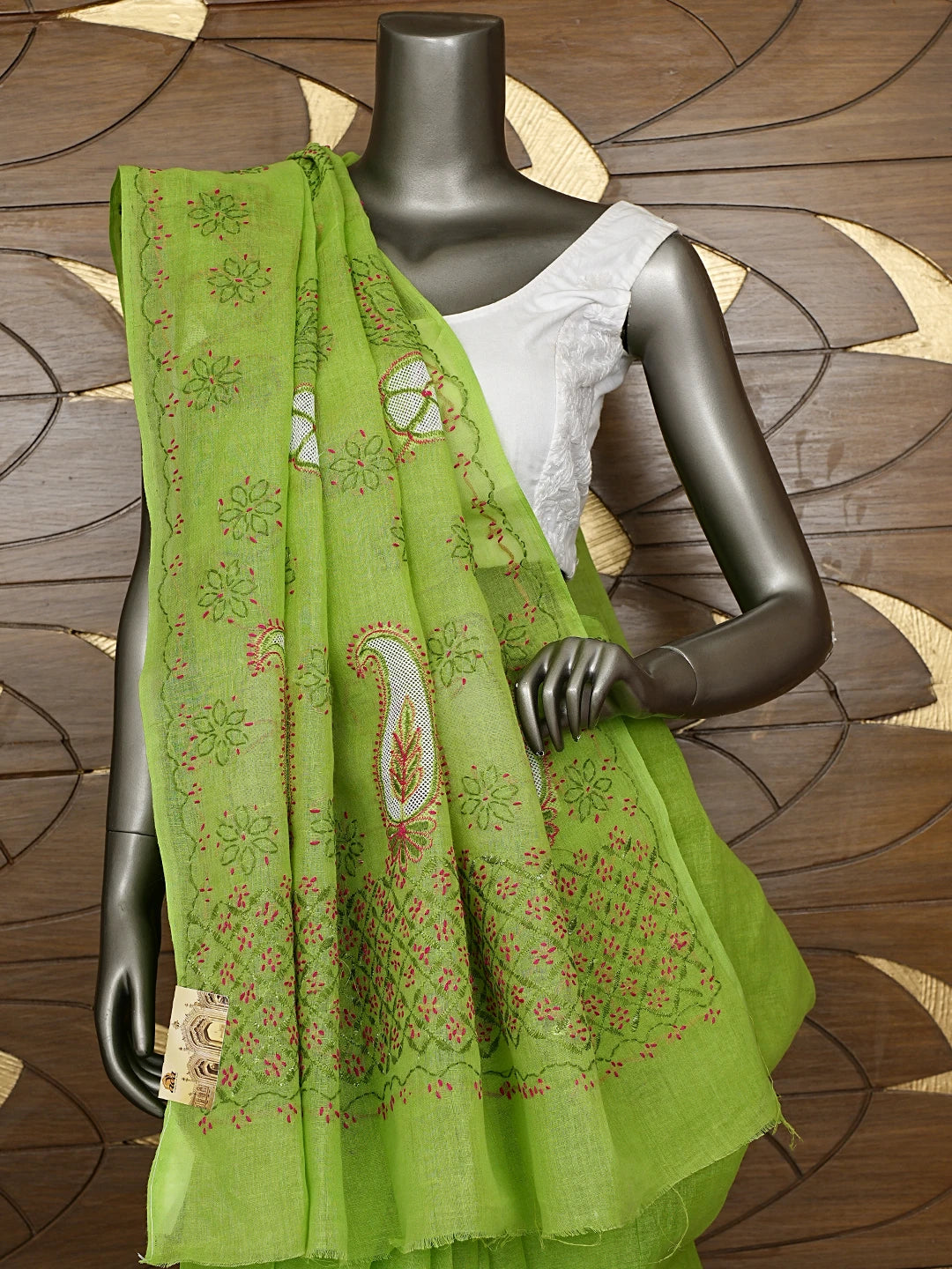 Ada Hand Embroidered Green Cotton Lucknowi Chikankari Saree and Blouse 01A891787