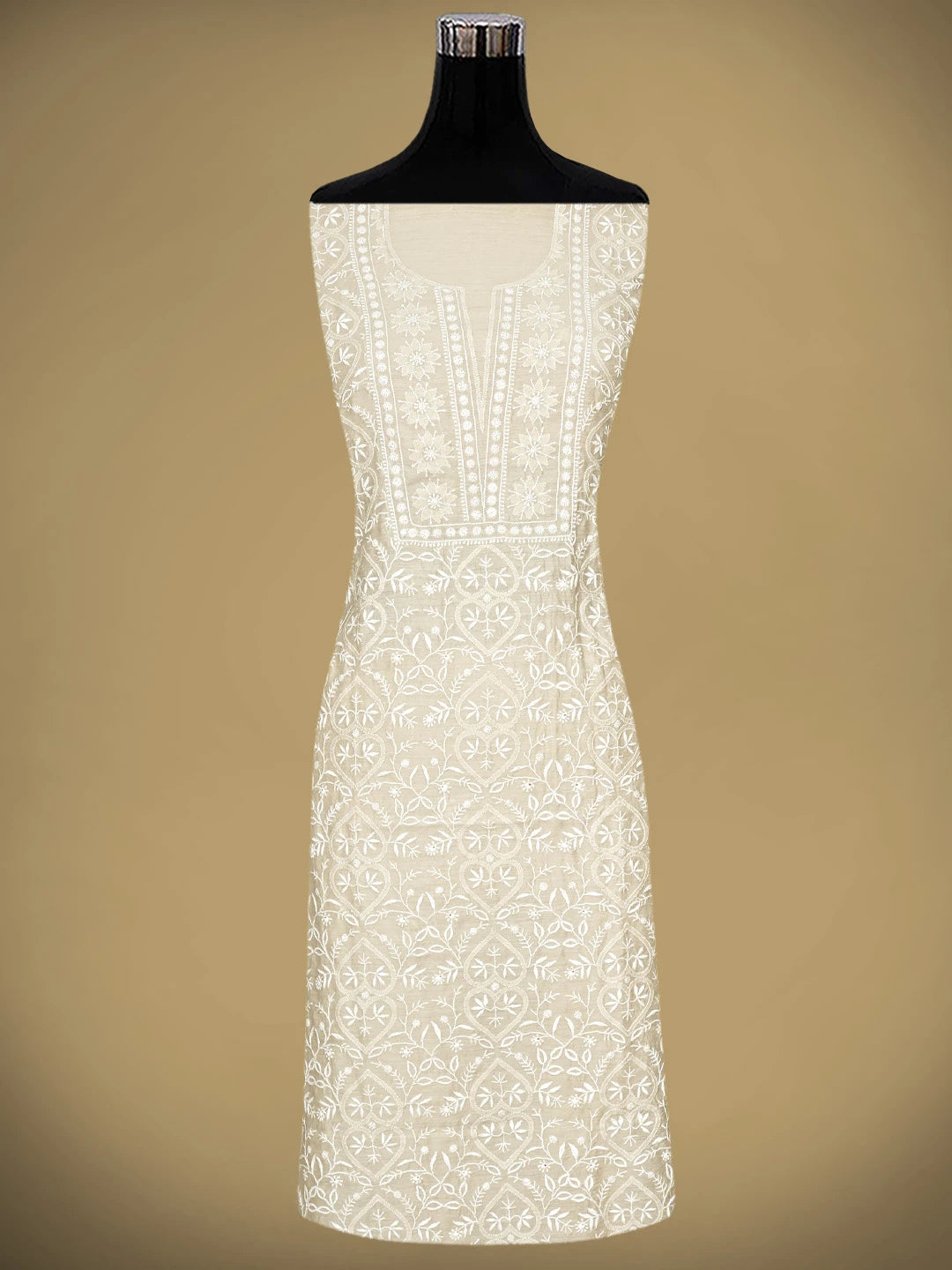 Ada Hand Embroidered Fawn Moonga Silk Lucknowi Chikankari Unstitched Kurta Dupatta Set 01A920319