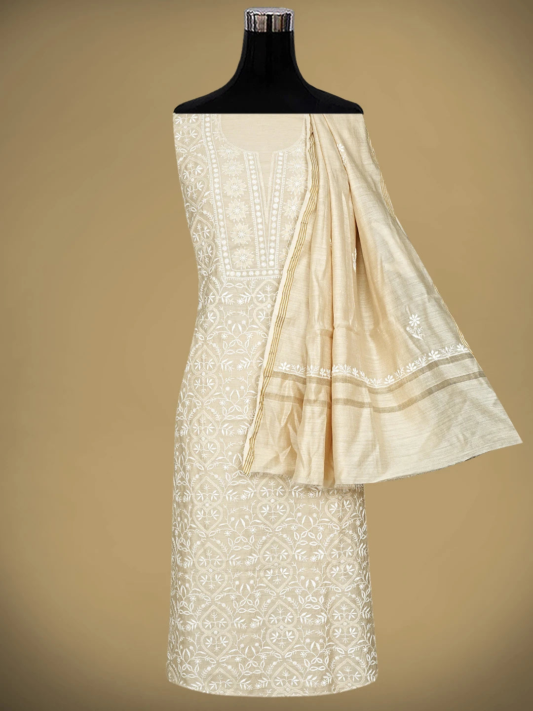 Ada Hand Embroidered Fawn Moonga Silk Lucknowi Chikankari Unstitched Kurta Dupatta Set 01A920319