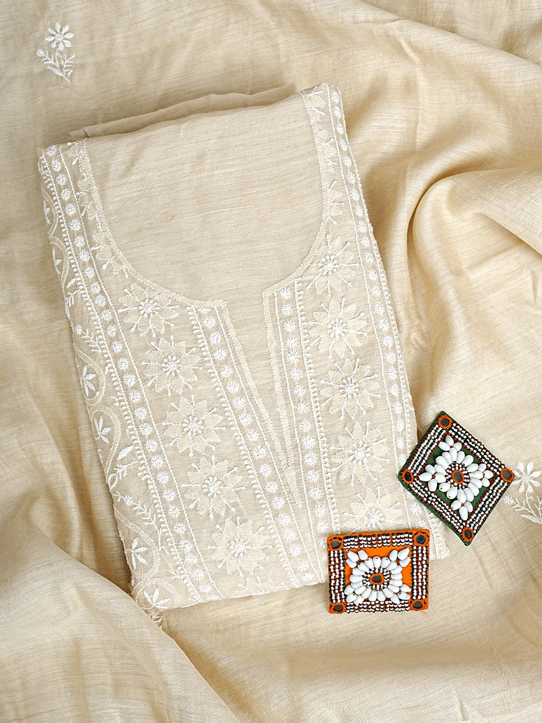 Ada Hand Embroidered Fawn Moonga Silk Lucknowi Chikankari Unstitched Kurta Dupatta Set 01A920319