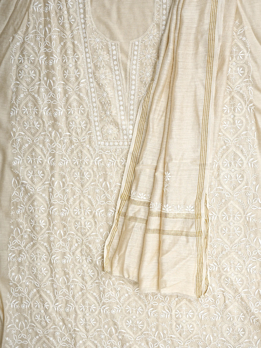Ada Hand Embroidered Fawn Moonga Silk Lucknowi Chikankari Unstitched Kurta Dupatta Set 01A920319