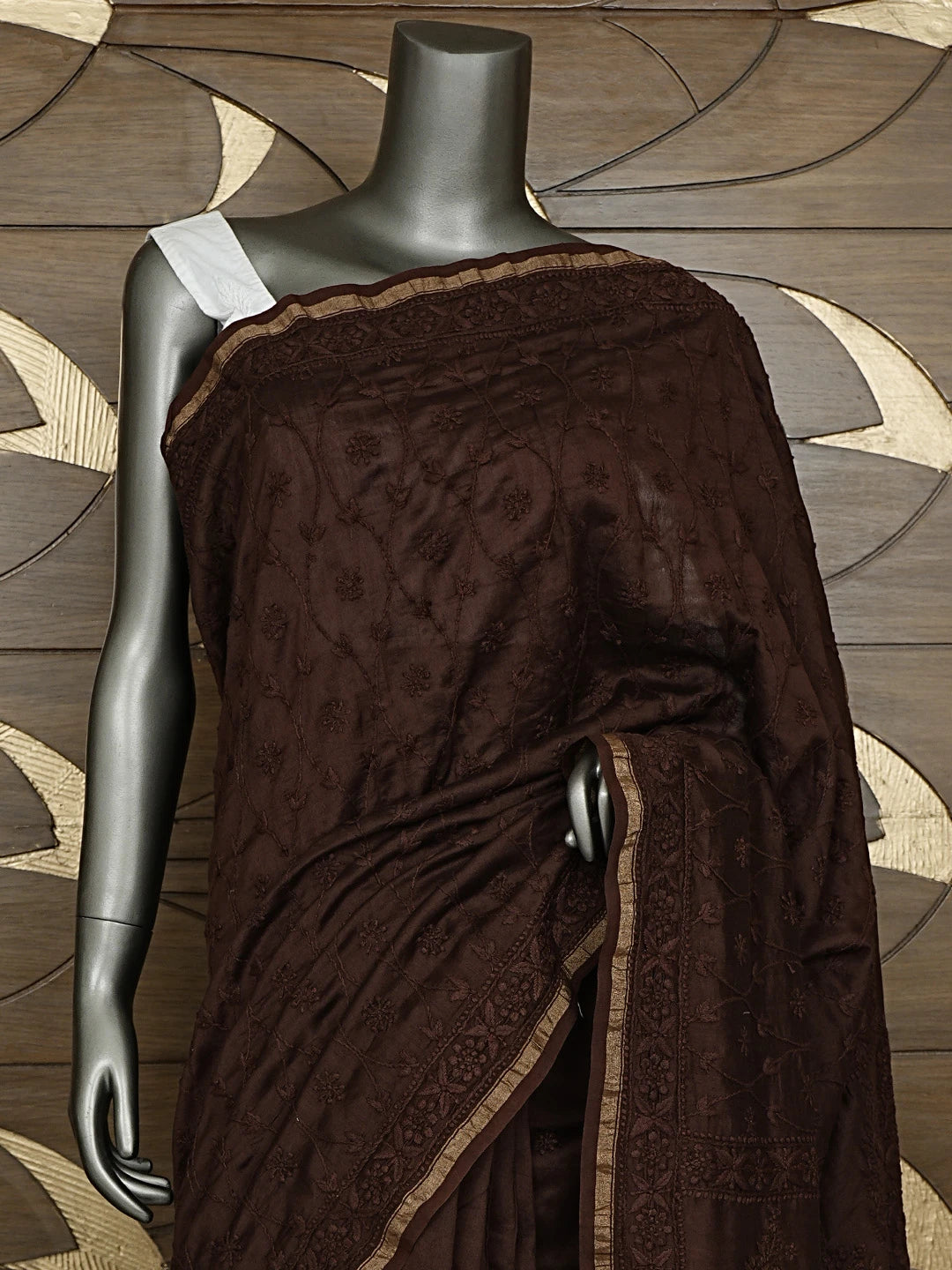 Ada Hand Embroidered Espresso Brown Chanderi Lucknowi Chikankari Saree With Blouse 01A919756