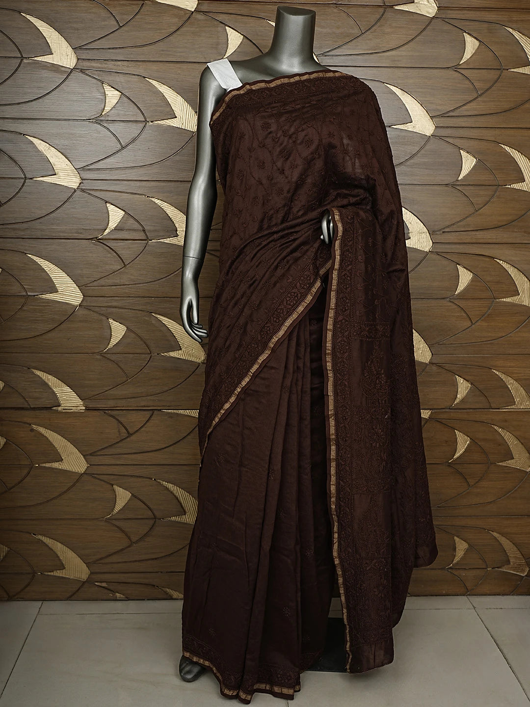 Ada Hand Embroidered Espresso Brown Chanderi Lucknowi Chikankari Saree With Blouse 01A919756