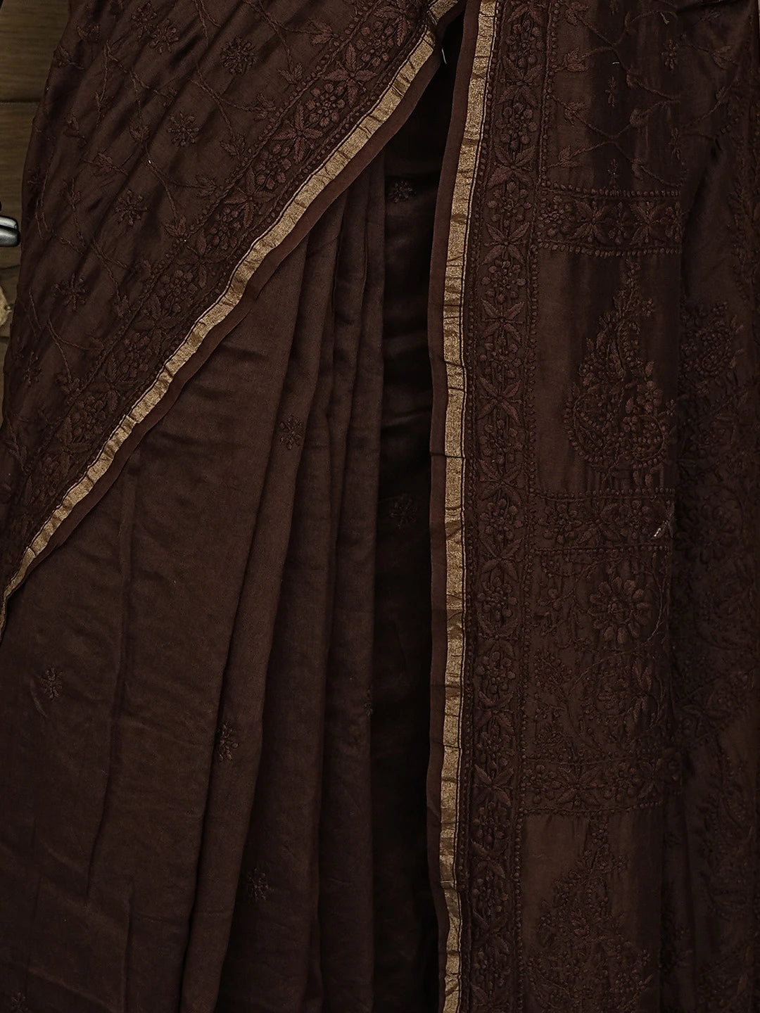 Ada Hand Embroidered Espresso Brown Chanderi Lucknowi Chikankari Saree With Blouse 01A919756