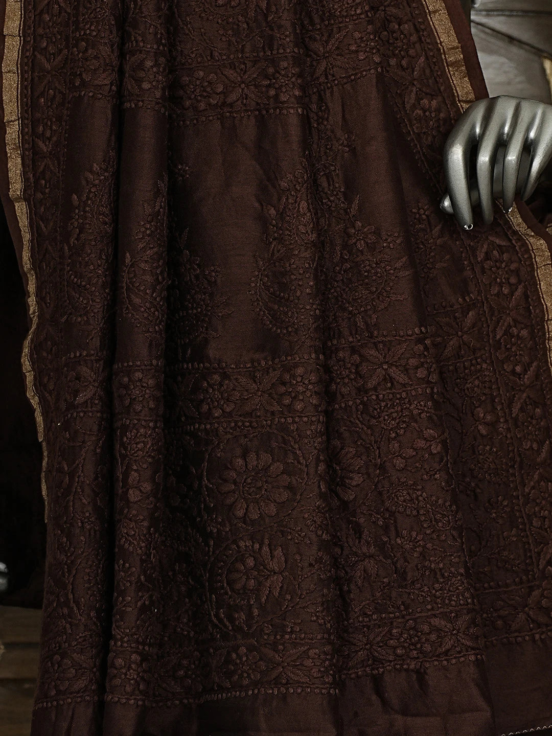 Ada Hand Embroidered Espresso Brown Chanderi Lucknowi Chikankari Saree With Blouse 01A919756