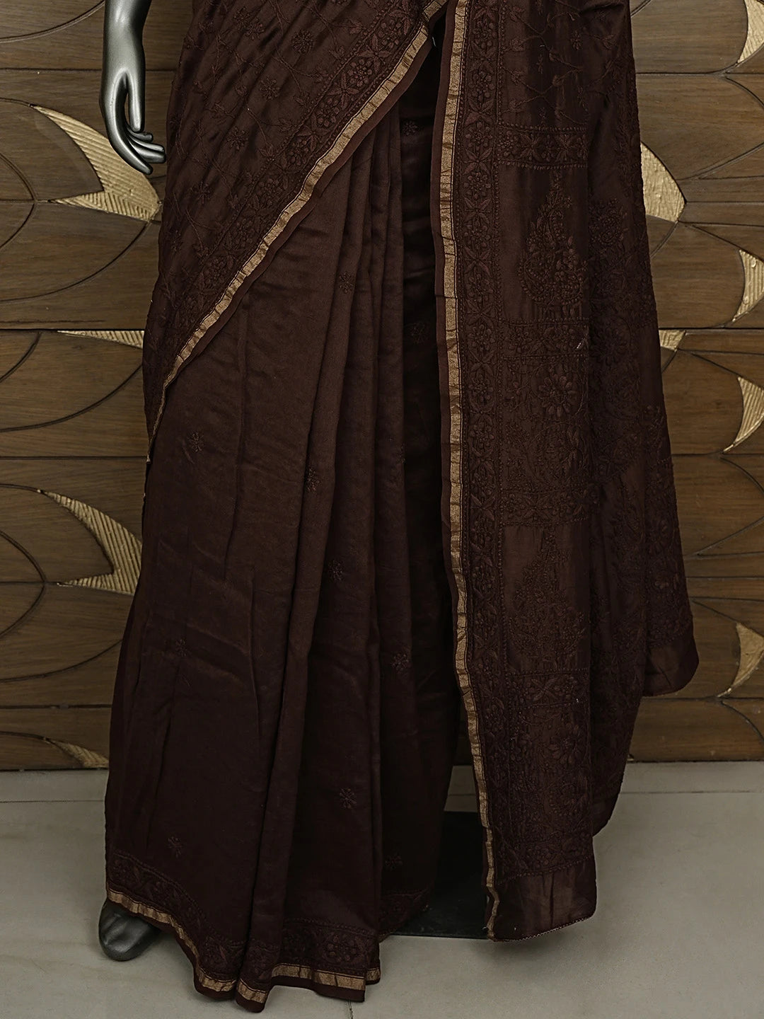 Ada Hand Embroidered Espresso Brown Chanderi Lucknowi Chikankari Saree With Blouse 01A919756