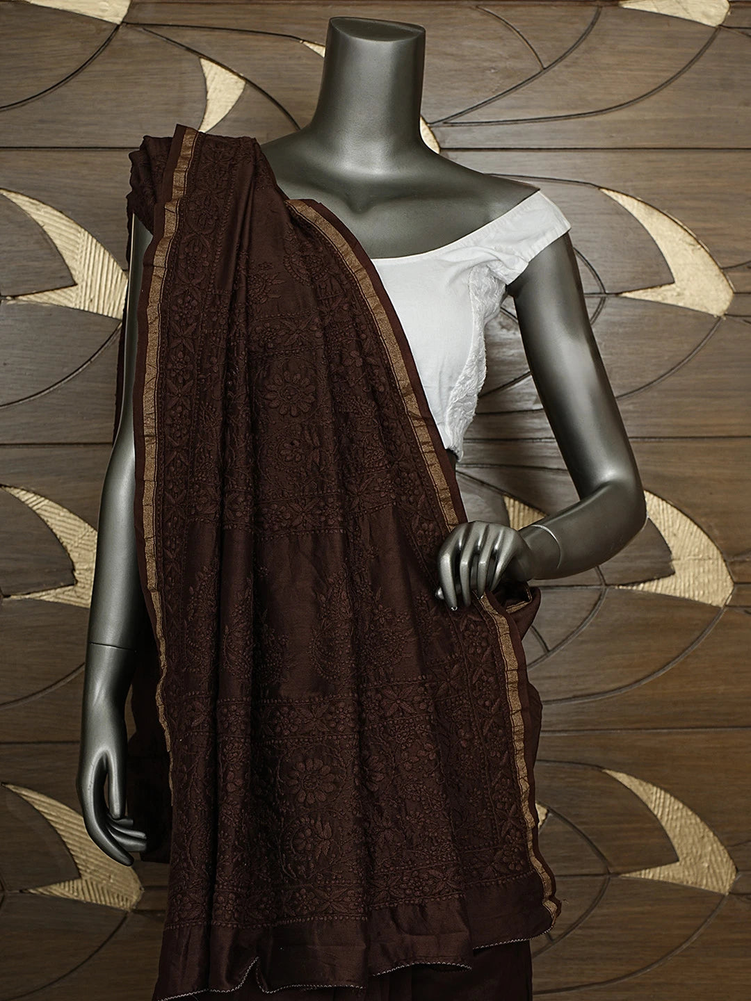 Ada Hand Embroidered Espresso Brown Chanderi Lucknowi Chikankari Saree With Blouse 01A919756