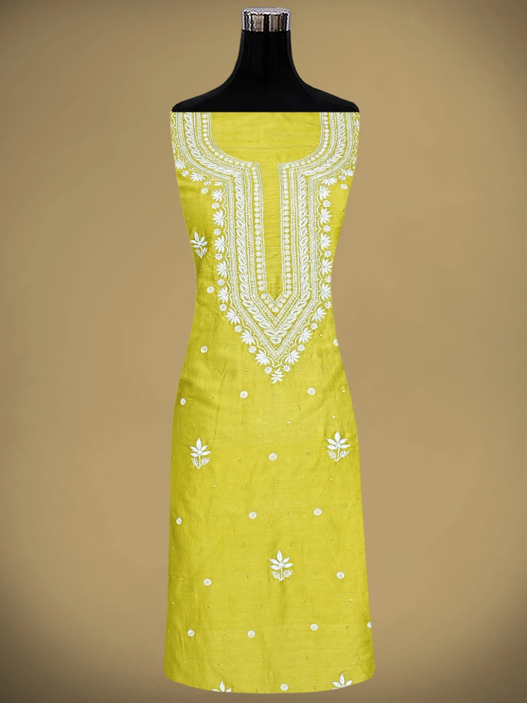 Ada Hand Embroidered Lime Green Chanderi Lucknowi Chikankari Unstitched Suit Piece With Sequinned Work 01A805662