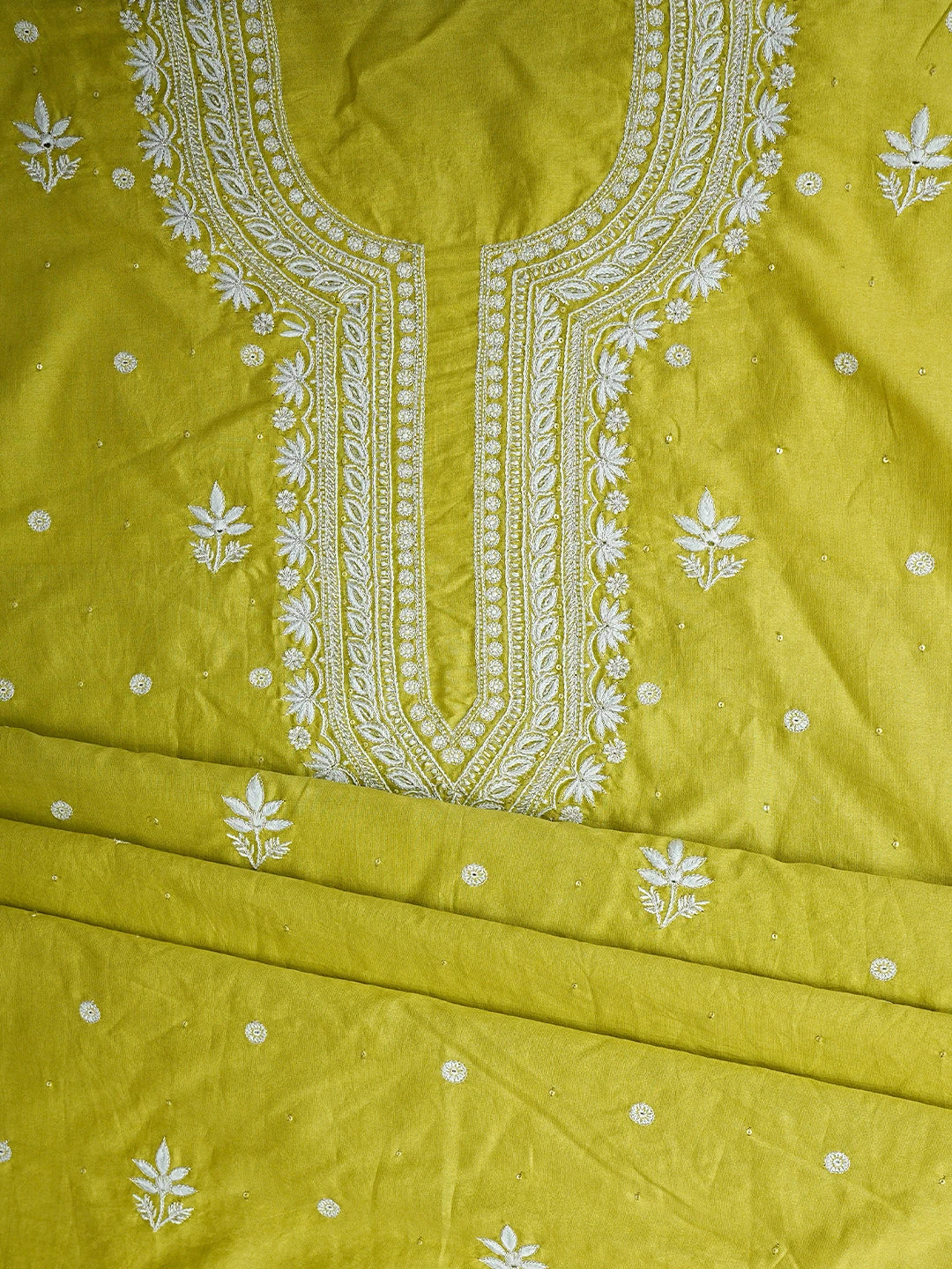 Ada Hand Embroidered Lime Green Chanderi Lucknowi Chikankari Unstitched Suit Piece With Sequinned Work 01A805662