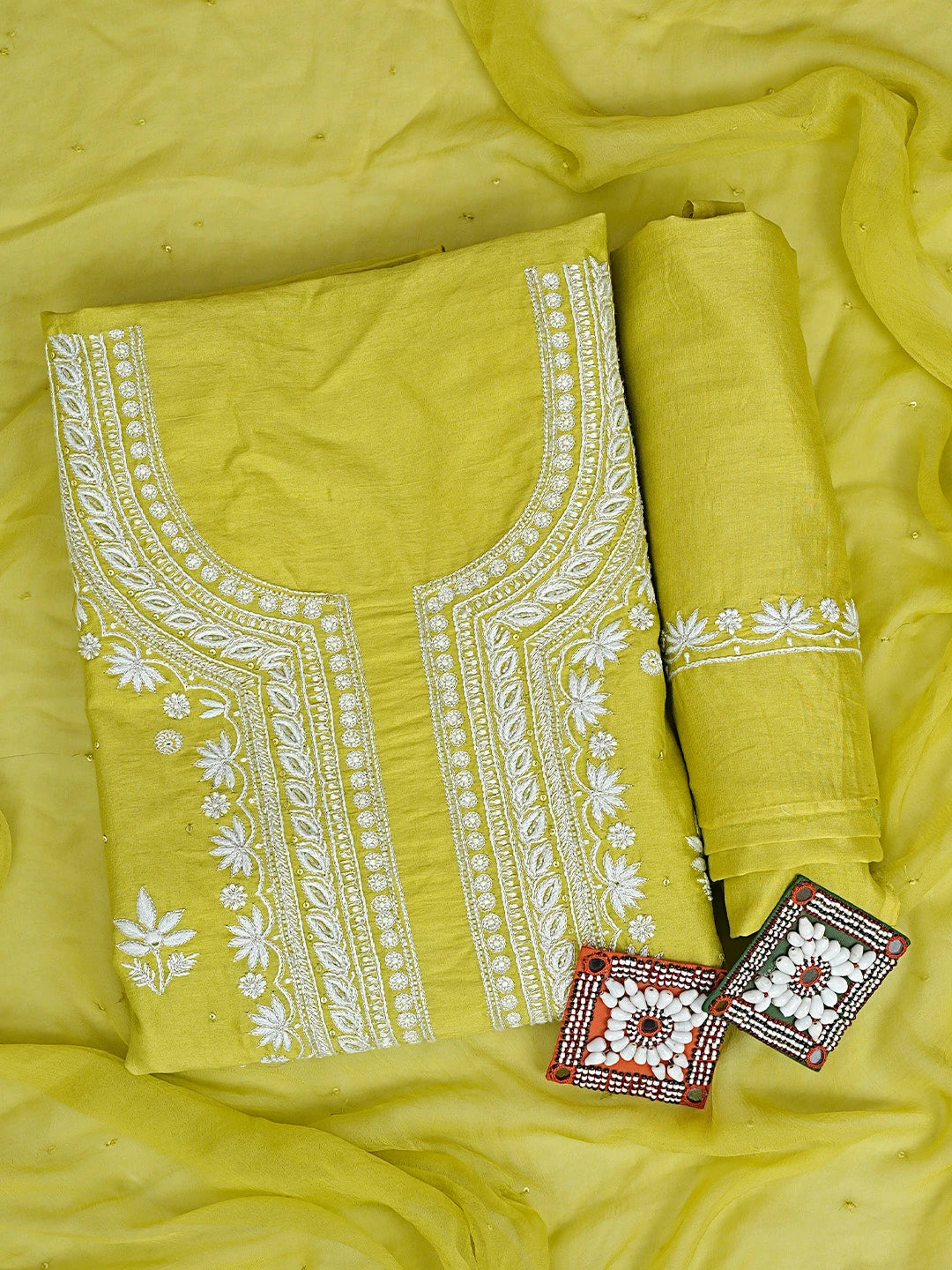 Ada Hand Embroidered Lime Green Chanderi Lucknowi Chikankari Unstitched Suit Piece With Sequinned Work 01A805662