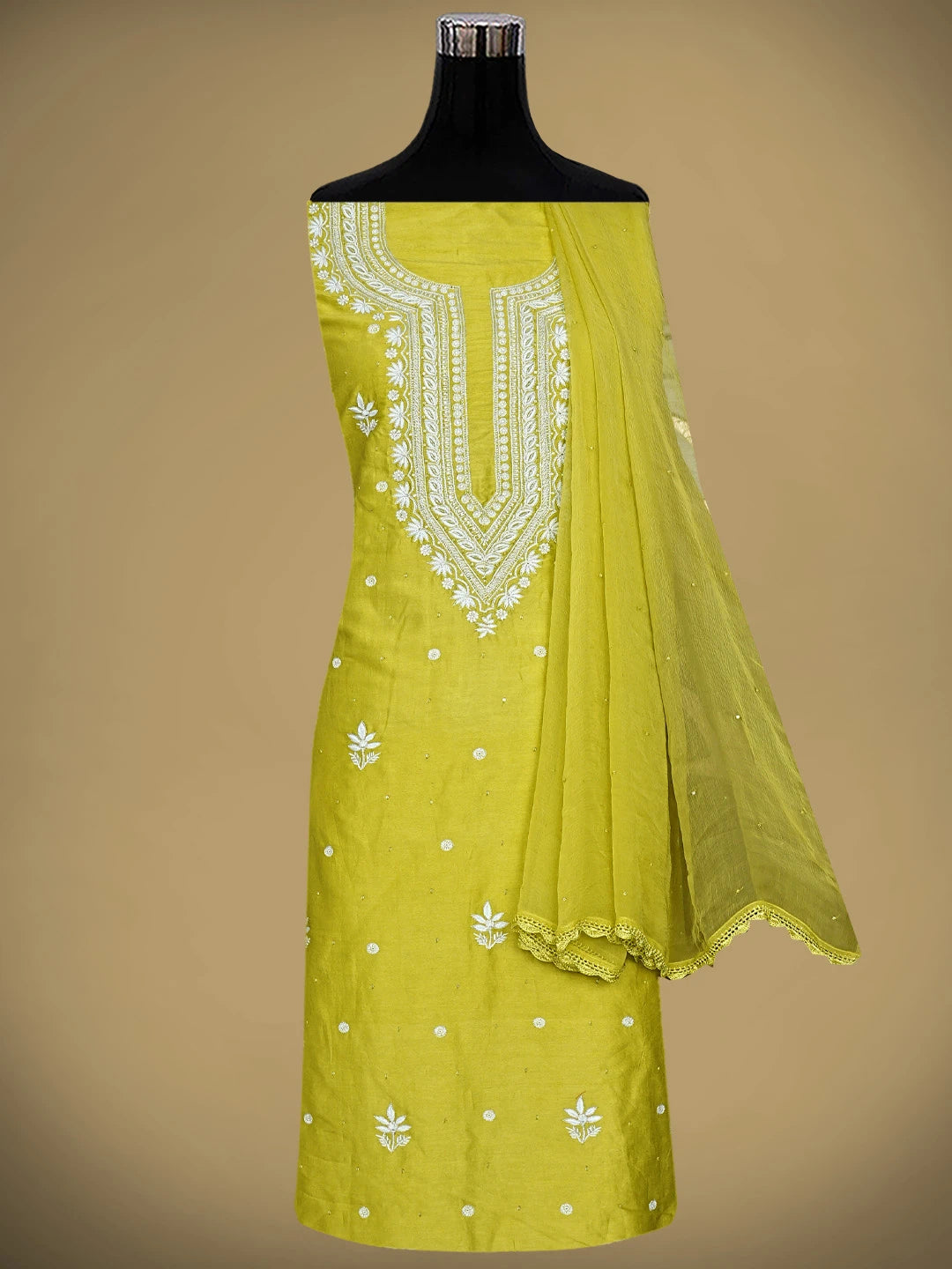 Ada Hand Embroidered Lime Green Chanderi Lucknowi Chikankari Unstitched Suit Piece With Sequinned Work 01A805662