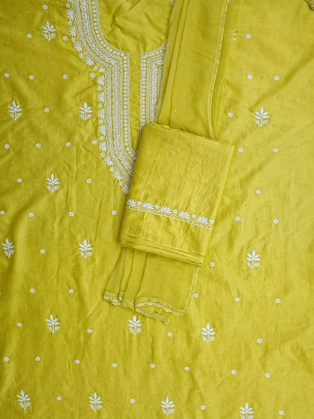 Ada Hand Embroidered Lime Green Chanderi Lucknowi Chikankari Unstitched Suit Piece With Sequinned Work 01A805662