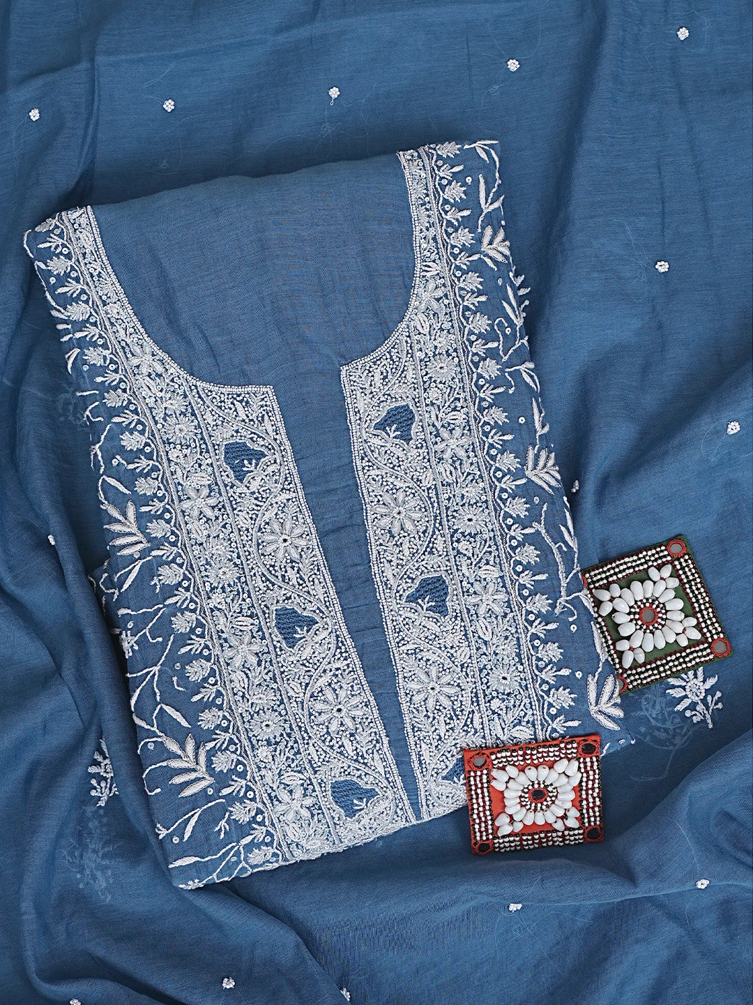 Ada Hand Embroidered Cobalt Blue Chanderi Lucknowi Chikankari Unstitched Kurta Dupatta Set With Cutdana Work 01A712212